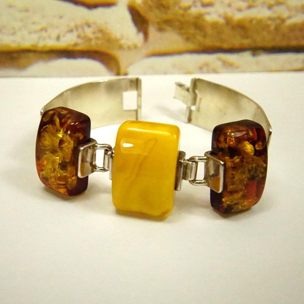 Unique Amber and 925 Silver Cuff Bracelet 6.75